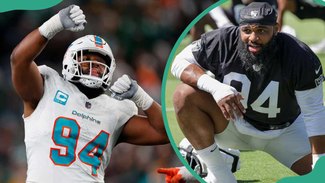 Christian Wilkins celebrating and stretching during an OTA offseason workout