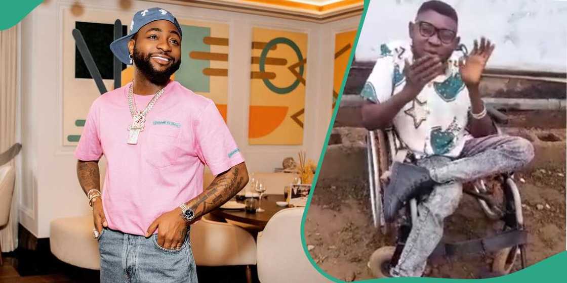 Man in wheelchair Michael Adebisi appreciates Davido for sending him money. Man in wheelchair Michael Adebisi appreciates Davido for sending him money.