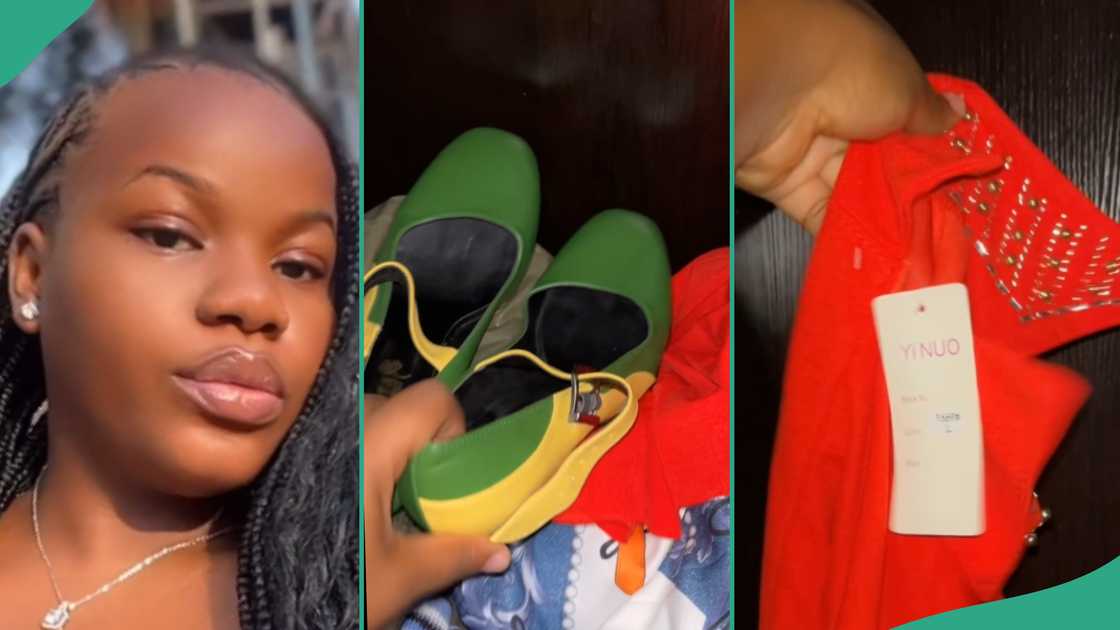 Lady shows Christmas clothes her father bought for her. Lady shows Christmas clothes her father bought for her.