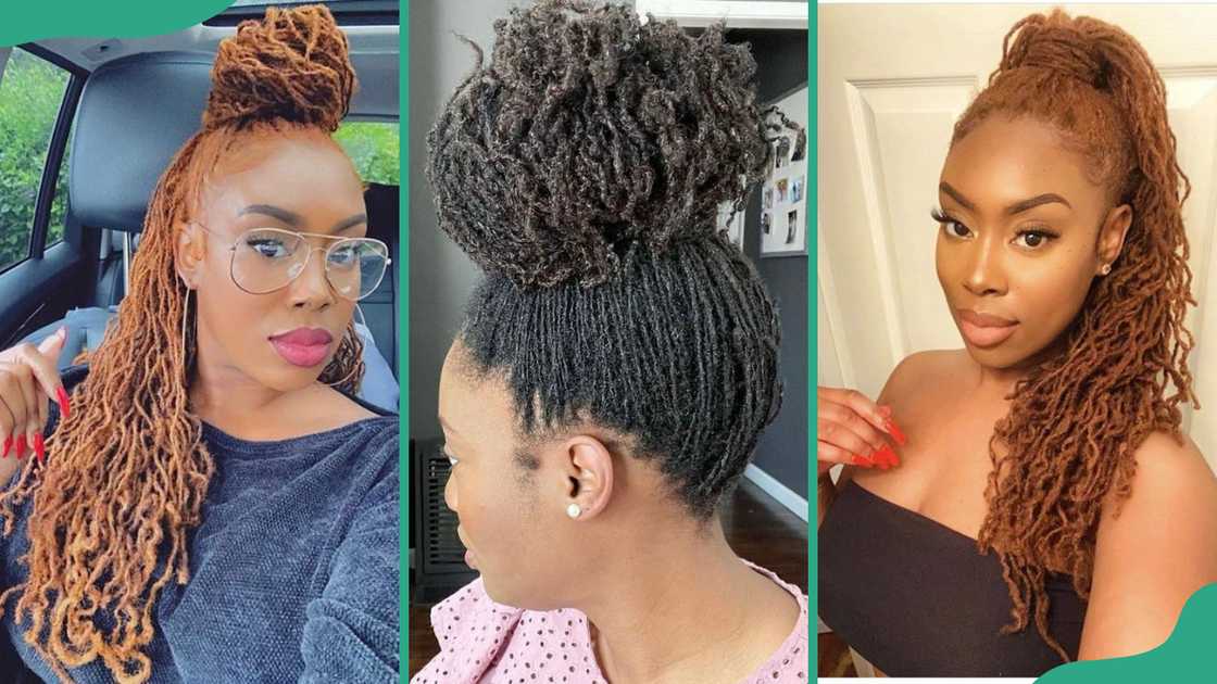 Half-up, half-down (L), high bun (C), and ponytail (R) sisterlocks styles