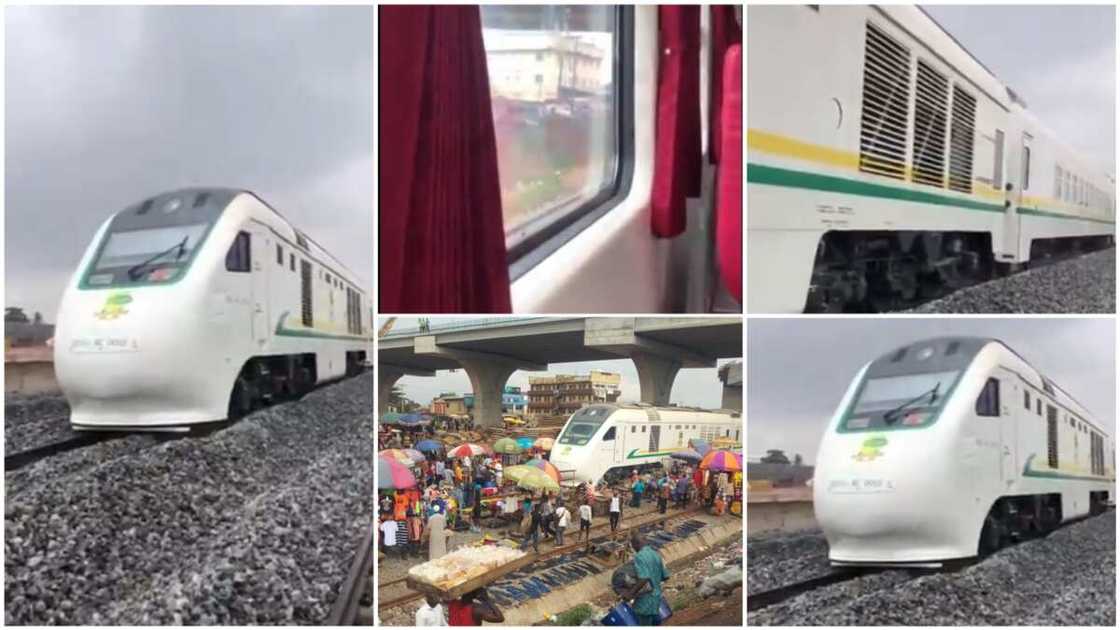 A collage showing the train leaving Lagos to Ibadan. Photo source: Twitter/Tolu Ogunlesi/@Rosquorasaqy A collage showing the train leaving Lagos to Ibadan. Photo source: Twitter/Tolu Ogunlesi/@Rosquorasaqy