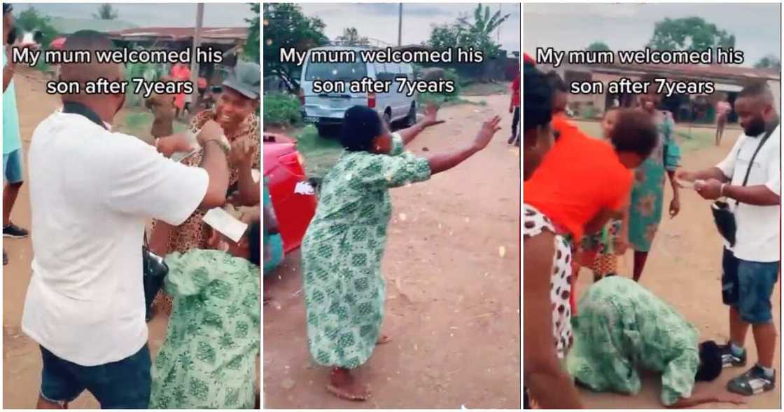 Nigerian mum and son reunion, son sprays mum cash, Nigerian returns home after 7 years, Nigerians in diaspora Nigerian mum and son reunion, son sprays mum cash, Nigerian returns home after 7 years, Nigerians in diaspora