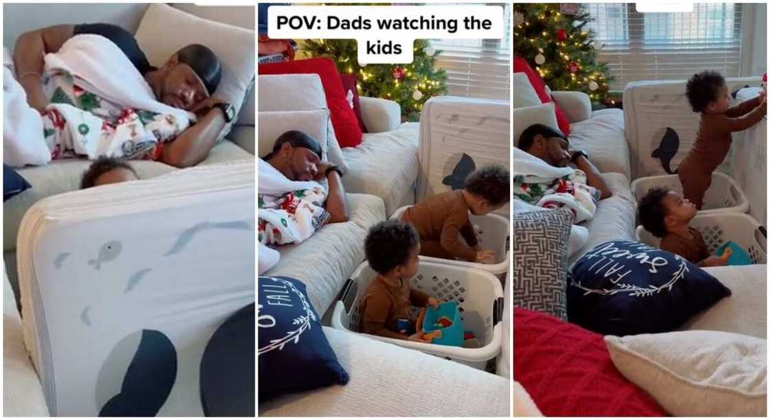 Photos of a man sleeping while his kids play around. Photos of a man sleeping while his kids play around.