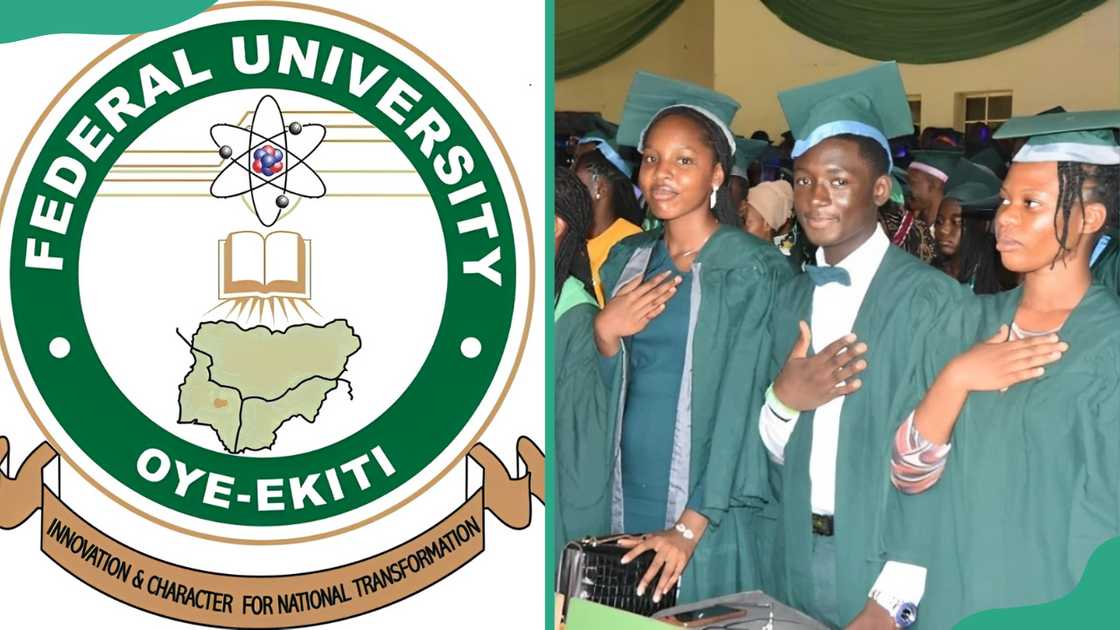 Federal University Oye-Ekiti logo (L), and students graduating (R)
