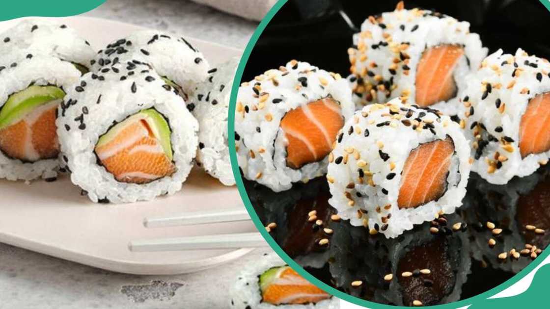 Uramaki served on a cream place (L). Uramaki sprinkled with chia seeds (R) Uramaki served on a cream place (L). Uramaki sprinkled with chia seeds (R)