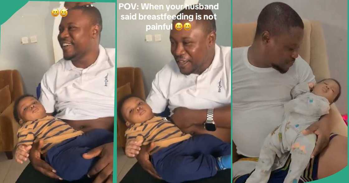 Man finds out breastfeeding is painful. Man finds out breastfeeding is painful.