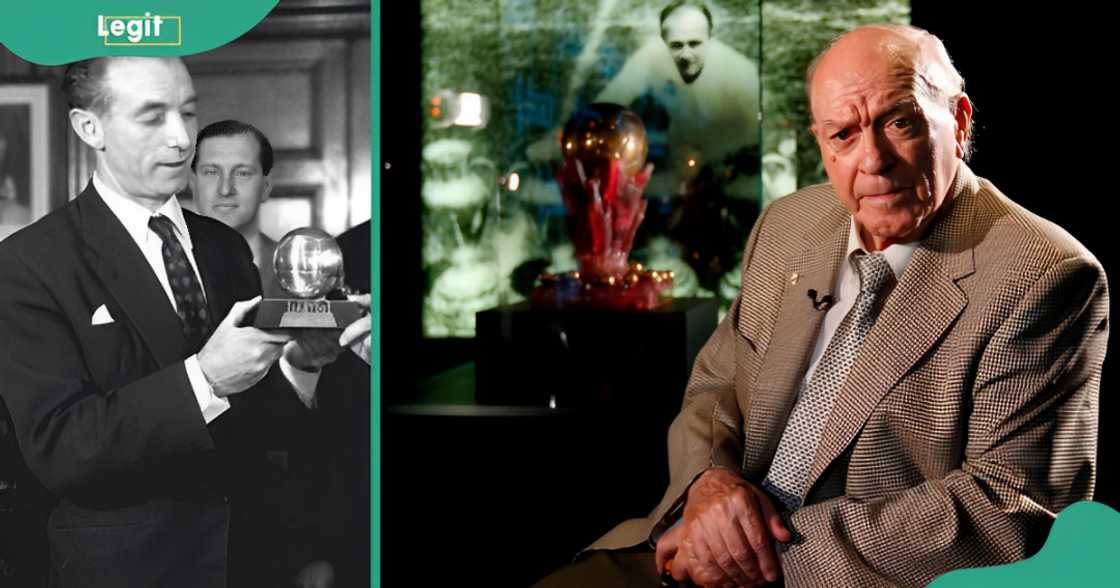 Alfredo Di Stéfano poses with his Ballon d'Or in a room (L). The footballer is pictured sitting in front of his Super Ballon d'Or award (R).