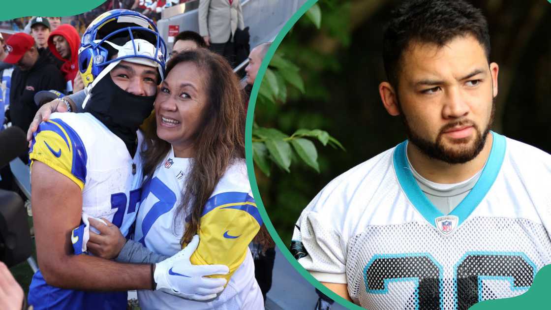 Puka Nacua #17 of the Los Angeles Rams poses for a photo with his mother, Penina Nacua at Levi's Stadium in Santa Clara, California (L). Kai Nacua (36) safety at the Carolina Panthers training facility in Charlotte, N.C.