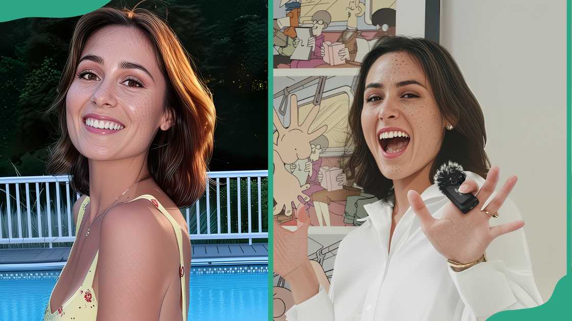 Kate Mackz posing by the poolside (L). The content creator smiles as she holds a microphone (R) Kate Mackz posing by the poolside (L). The content creator smiles as she holds a microphone (R)