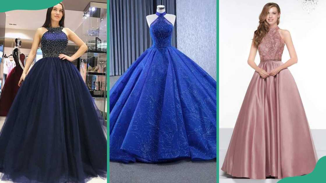 Navy blue ball gown (L), royal blue ball gown (C), and peach ball gown (R) Navy blue ball gown (L), royal blue ball gown (C), and peach ball gown (R)