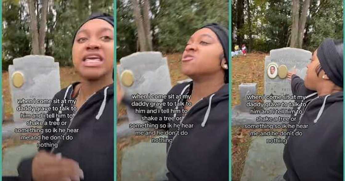 Lady visits late father's grave, asks him to shake tree Lady visits late father's grave, asks him to shake tree