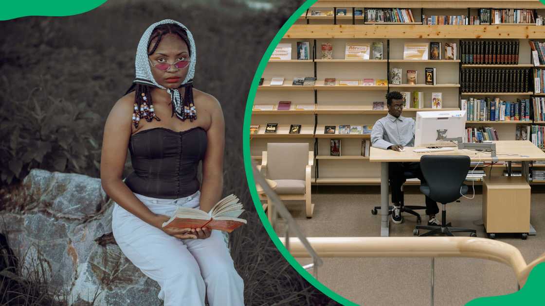 A young woman in Fulani braids and sunglasses is reading a book outdoors and a young man is using a computer inside a library A young woman in Fulani braids and sunglasses is reading a book outdoors and a young man is using a computer inside a library