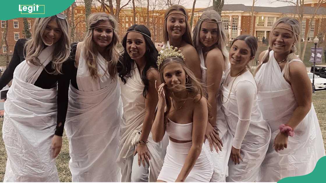 Group of ladies dressed for a toga party Group of ladies dressed for a toga party