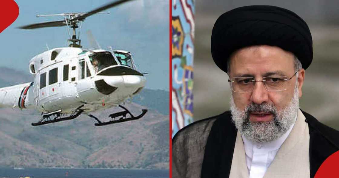 Collage of a Bell 212 chopper (l) and President Ebrahim Raisi.