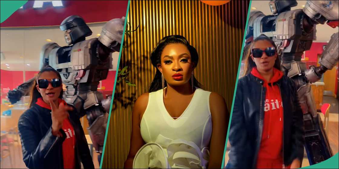 May Edochie plays with robot as she arrives London in the United Kingdom for AY's movie, the Waiter. May Edochie plays with robot as she arrives London in the United Kingdom for AY's movie, the Waiter.