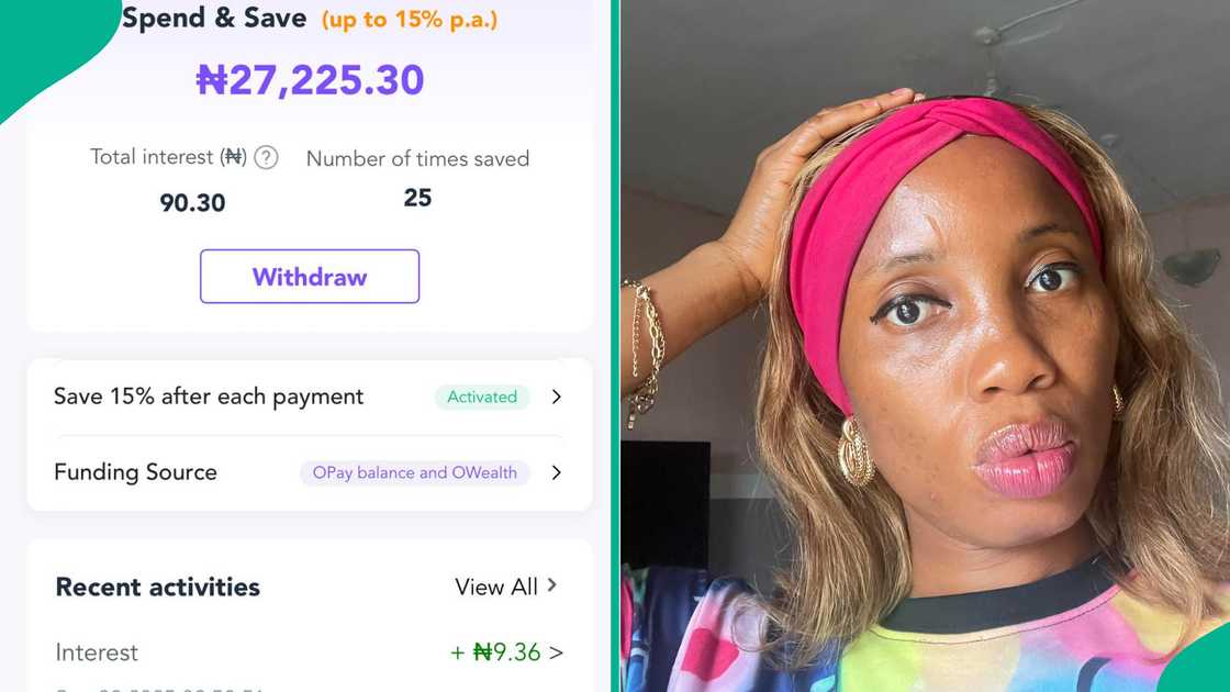 A Nigerian lady showcaswa the interest she got in her Opay account after activating the Spend & Save feature. A Nigerian lady showcaswa the interest she got in her Opay account after activating the Spend & Save feature.