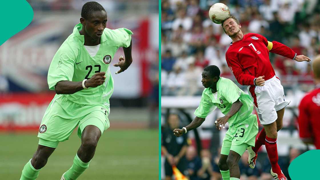 Femi Opabunmi in action for Nigeria during the 2002 FIFA World Cup Group F match against England in Osaka, Japan. Photo by Richard Sellers Femi Opabunmi in action for Nigeria during the 2002 FIFA World Cup Group F match against England in Osaka, Japan. Photo by Richard Sellers