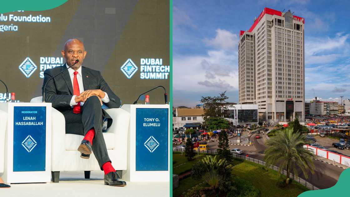 Founder of Tony Elumelu Foundation, Nigeria, at the Dubai FinTech Summit (L). UBA House Marina Lagos (R)