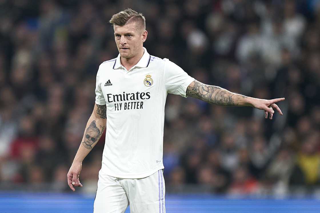 Toni Kroos of Real Madrid reacts during the LaLiga Santander match Toni Kroos of Real Madrid reacts during the LaLiga Santander match