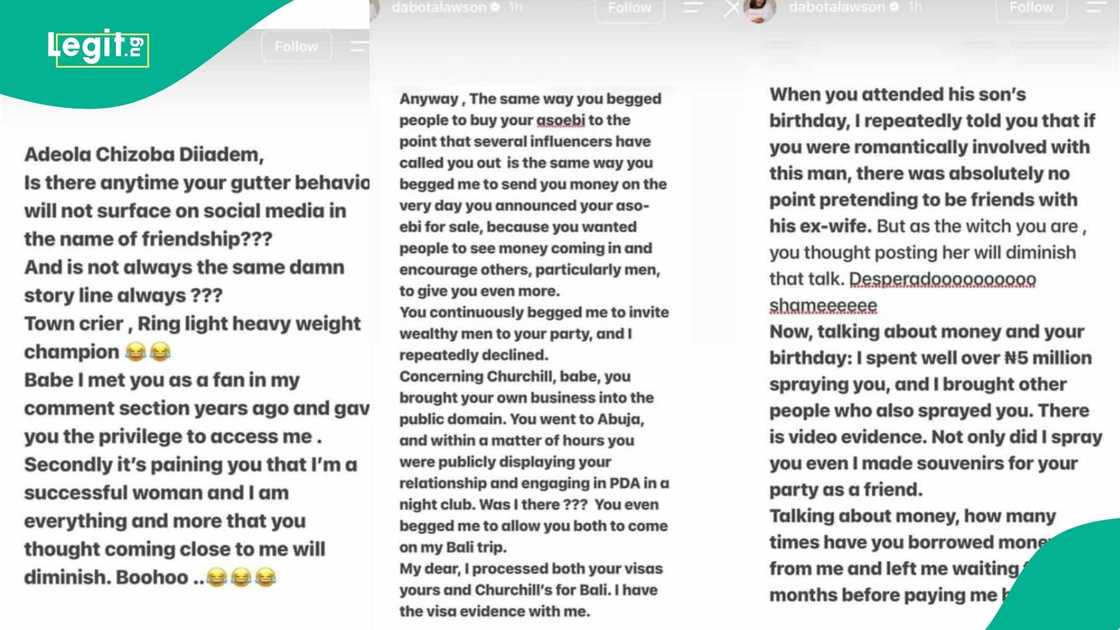 Diiadem reveals why she cut off Dabota Lawson twice as bitter war goes public