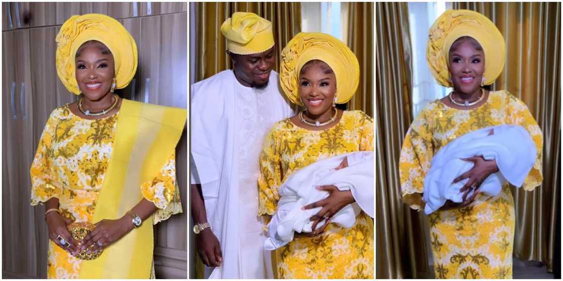Biola Adebayo, Biola Adebayo with husband at their son's naming ceremony Biola Adebayo, Biola Adebayo with husband at their son's naming ceremony