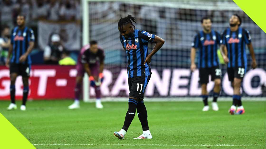 Ademola Lookman looks dejected after losing the UEFA Super Cup final to Real Madrid. Ademola Lookman looks dejected after losing the UEFA Super Cup final to Real Madrid.