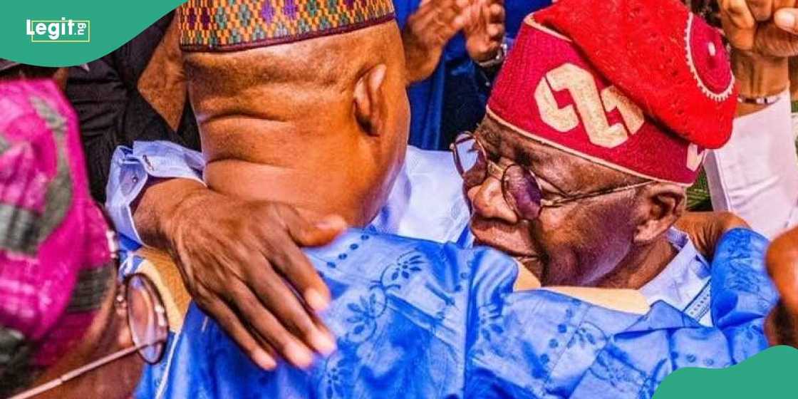 Tinubu hugs former governor of Borno state, Kashim Shettima. Tinubu hugs former governor of Borno state, Kashim Shettima.