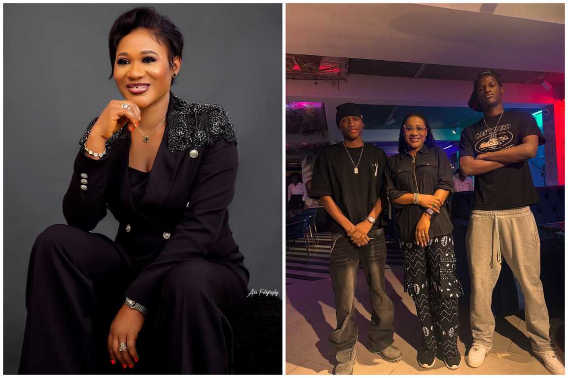 Adesunmbo Adeoye in black attire poses for a photo (L). She stands alongside her sons Nino and Zion (R) Adesunmbo Adeoye in black attire poses for a photo (L). She stands alongside her sons Nino and Zion (R)