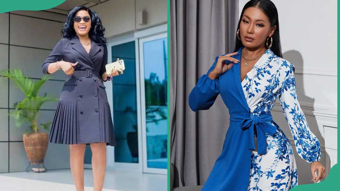 Wrapped gown styles grey and blue floral