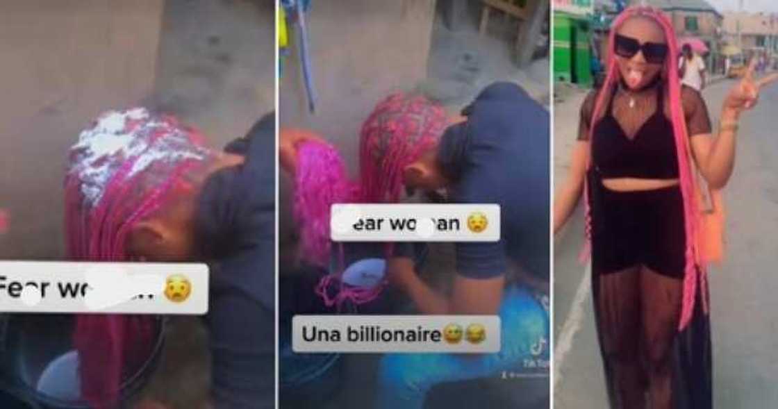 Lady washes braids with detergent