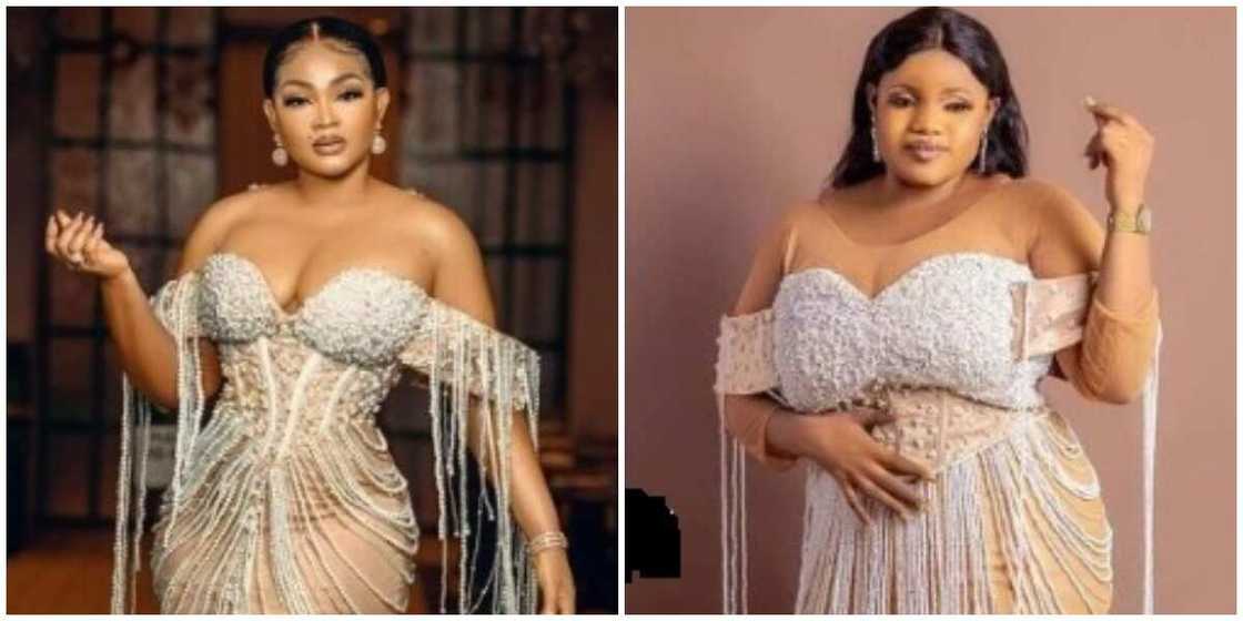 Lady sparks mixed reactions as she replicates Mercy Aigbe's pearly birthday look Lady sparks mixed reactions as she replicates Mercy Aigbe's pearly birthday look