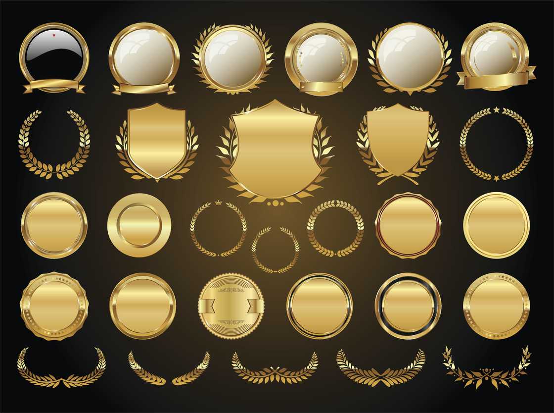 Golden shields laurel wreaths and badges collection Golden shields laurel wreaths and badges collection