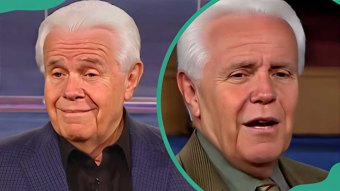 Jesse Duplantis dressed in a dark shirt with a checkered blazer (L). The pastor delivering a sermon (R)