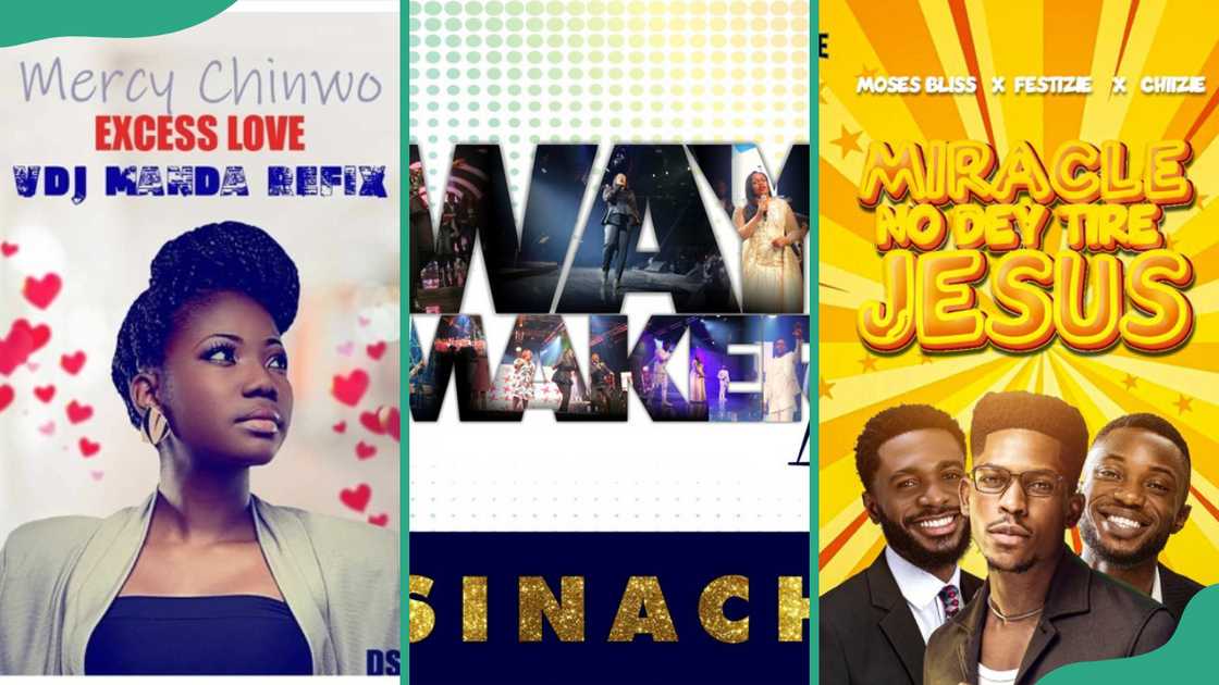 Single covers for Excess Love by Mercy Chinwo, Way Marker by Sinach and Miracle No Dey Tire Jesus by Moses Bliss Single covers for Excess Love by Mercy Chinwo, Way Marker by Sinach and Miracle No Dey Tire Jesus by Moses Bliss