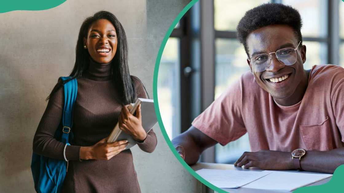 A female student holding books (L) and a male student with exam papers on his desk (R)