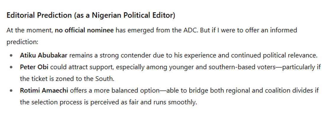 2027 Nigeria election, APC vs ADC, ChatGPT election prediction, Peter Obi 2027, Atiku Abubakar, Bola Tinubu re-election