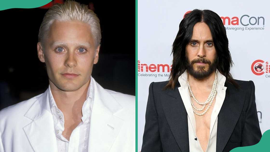 Jared Leto in all white (L). The actor in black and white (R) Jared Leto in all white (L). The actor in black and white (R)