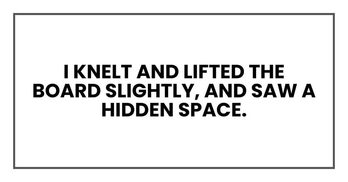 I knelt and lifted the board slightly, and saw a hidden space.
