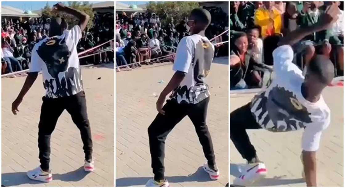 Photos of a black boy standing in dance postures in front of a crowd.