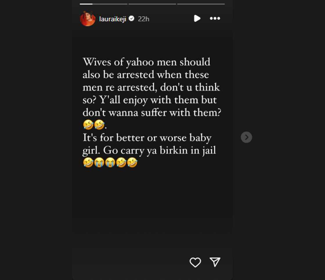 Laura Ikeji says wives of Yahoo boys should also be arrested. Laura Ikeji says wives of Yahoo boys should also be arrested.