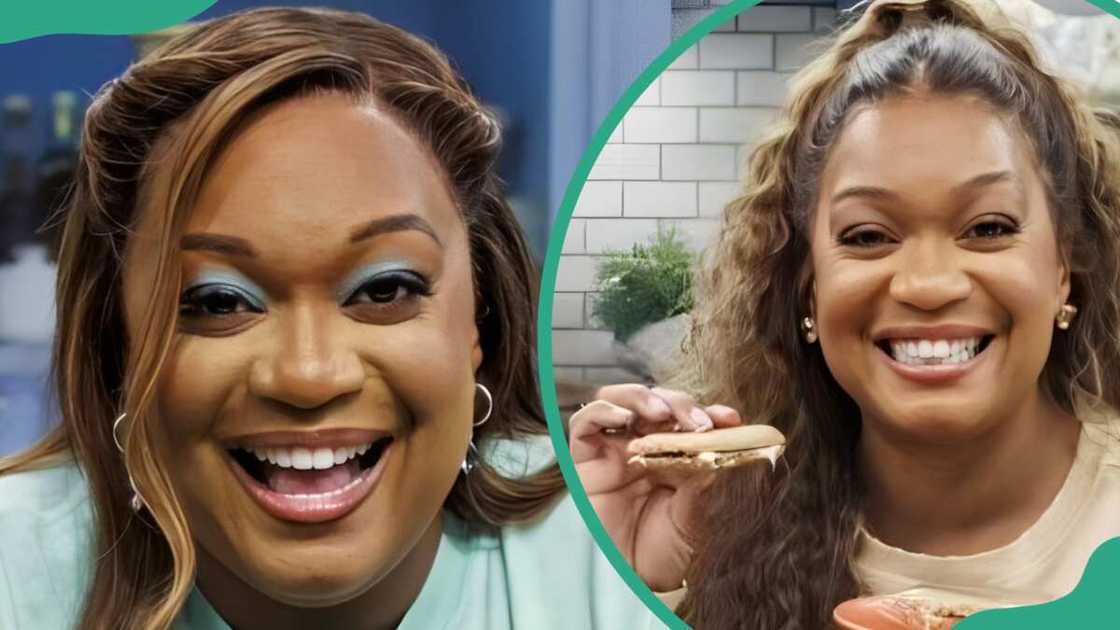 Sunny Anderson is preparing coleslaw on The Kitchen show (L). The American chef holds a cookie on The Kitchen show (R) Sunny Anderson is preparing coleslaw on The Kitchen show (L). The American chef holds a cookie on The Kitchen show (R)