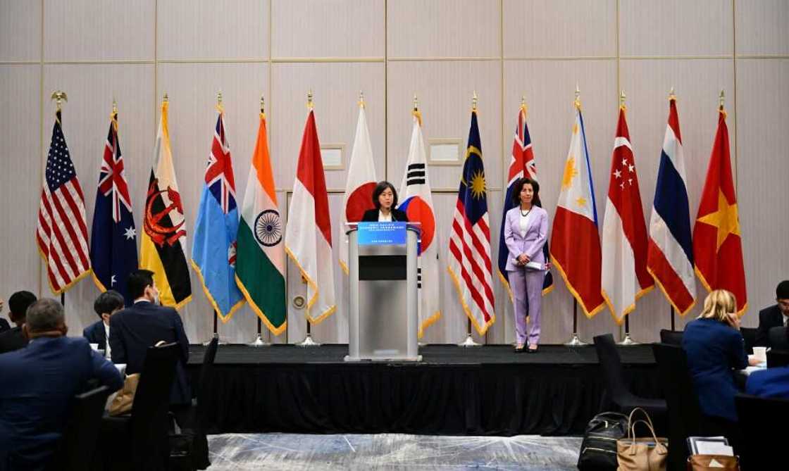 US Trade Representative Katherine Tai (C) speaks during a ministerial pillar meeting at the Indo-Pacific Economic Ministerial in Los Angeles