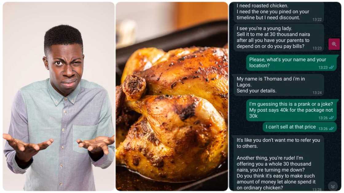 Photo of man, chicken and WhatsApp chat