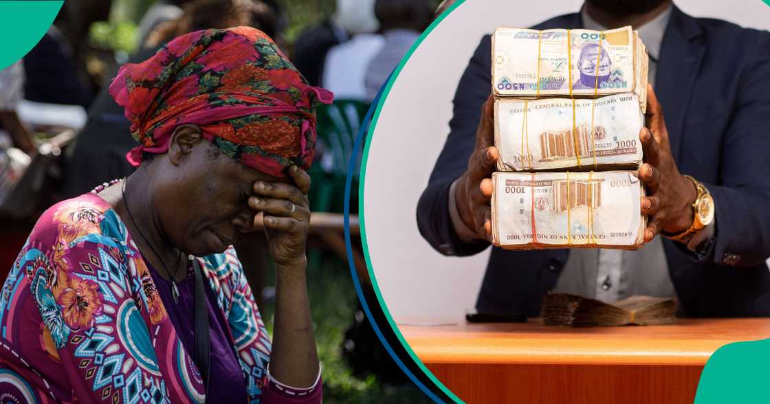 Sad woman and bundles of naira Sad woman and bundles of naira