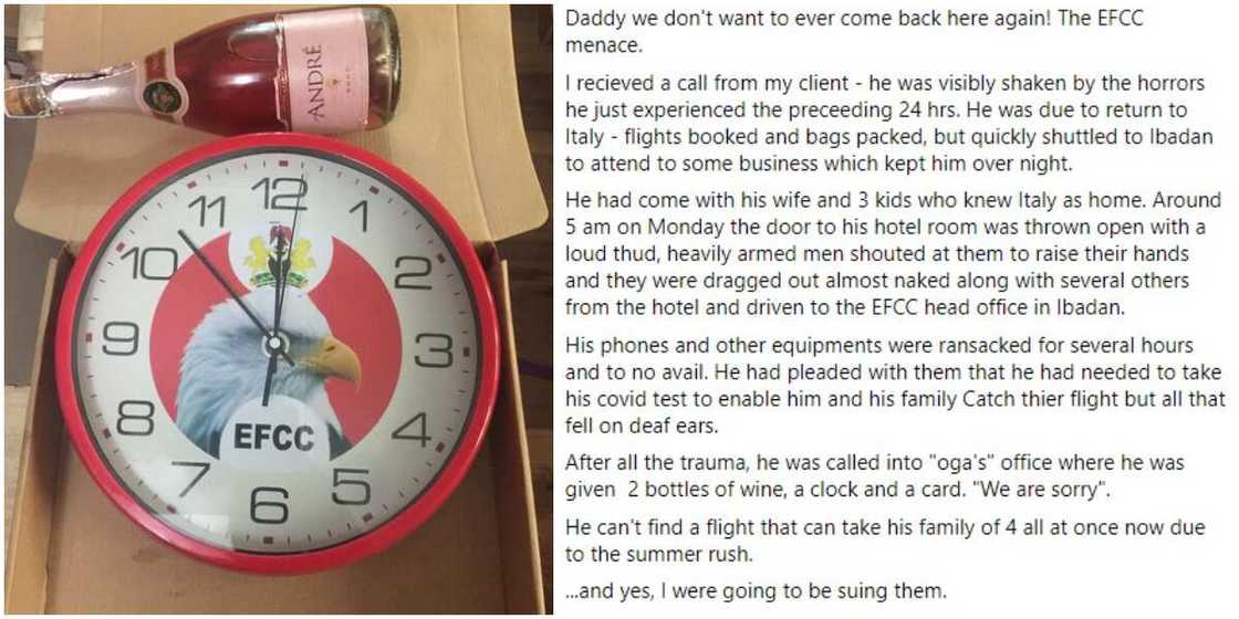 Nigerians react as man gets 2 bottles of wine and branded clock from EFCC for wrongfully arresting him Nigerians react as man gets 2 bottles of wine and branded clock from EFCC for wrongfully arresting him