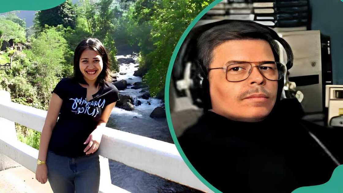 Airyn Ruiz Bell standing on the bridge (L). Art Bell with headphones (R).