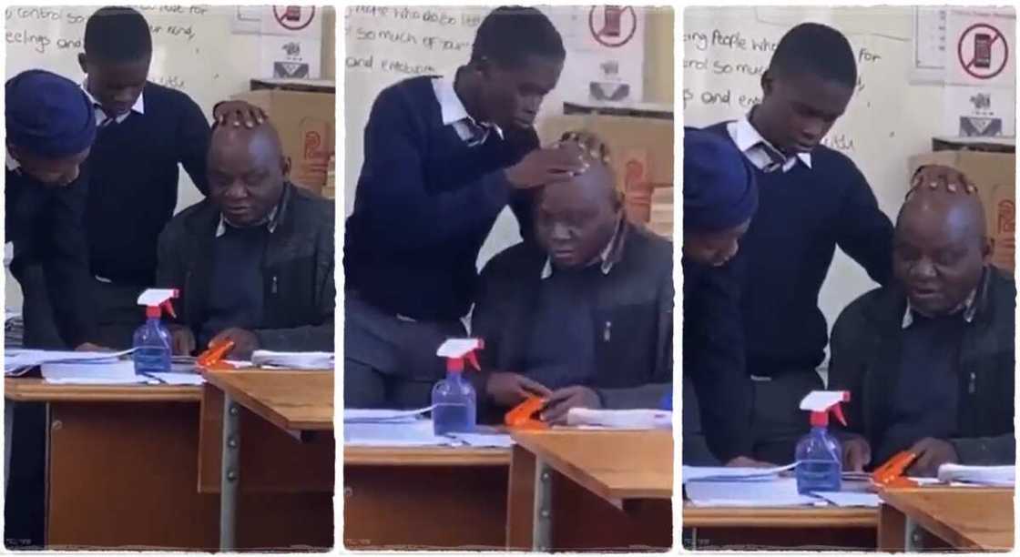 Photos of a student touching his teacher's head.