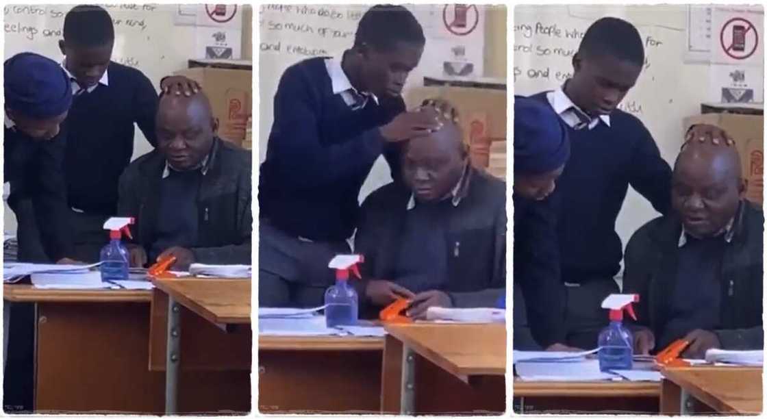 Photos of a student touching his teacher's head. Photos of a student touching his teacher's head.