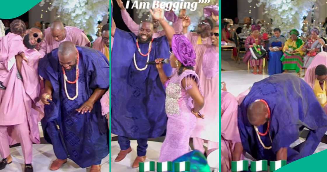 Men in ‘agbada’ join groom in doing funny dance steps as he “begs” to marry bride