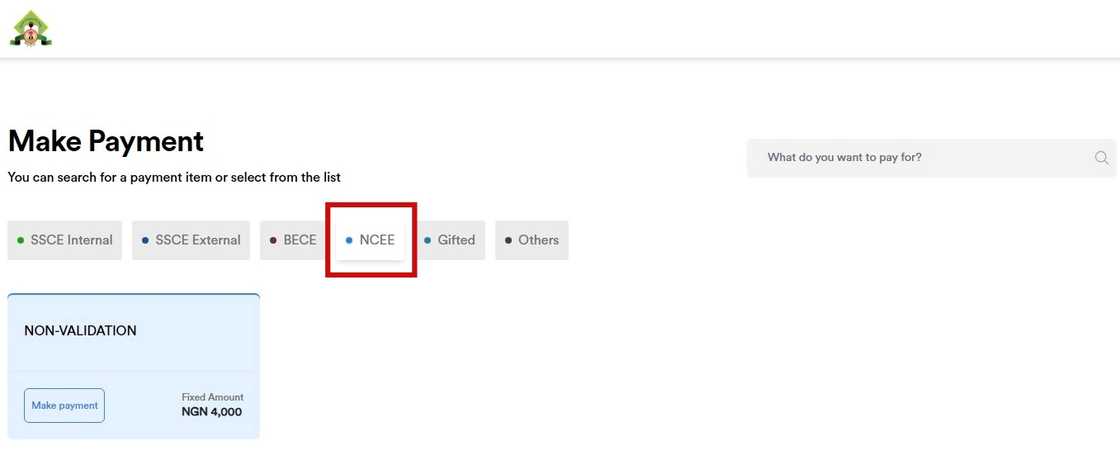 A screenshot of the NECO payment platform. A screenshot of the NECO payment platform.